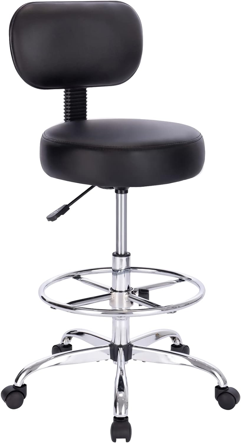 SUPERJARE Drafting Chair with Back, Adjustable Foot Rest Rolling Stool, Multi-Purpose Office Desk Chair, Thick Seat Cushion for Home Bar Kitchen Shop – Black - Image 2