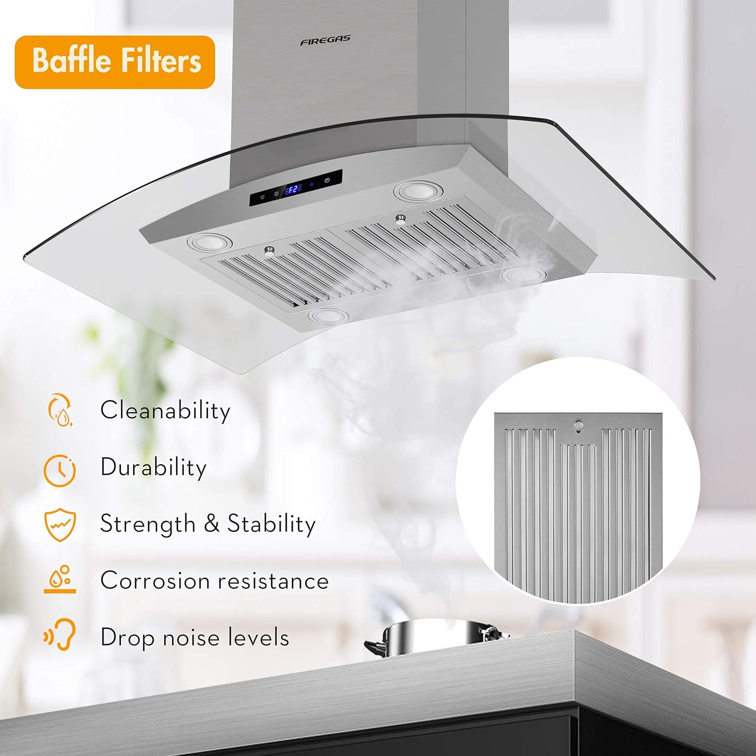FIREGAS Island Range Hood 36 inch 450 CFM with Chimney,Tempered Glass,4 LED Lights,3 Speed Fan,Touch Control,Permanent Filter,Charcoal Filter,Stainless Steel,Island Mount,Ceiling Mount - Image 5