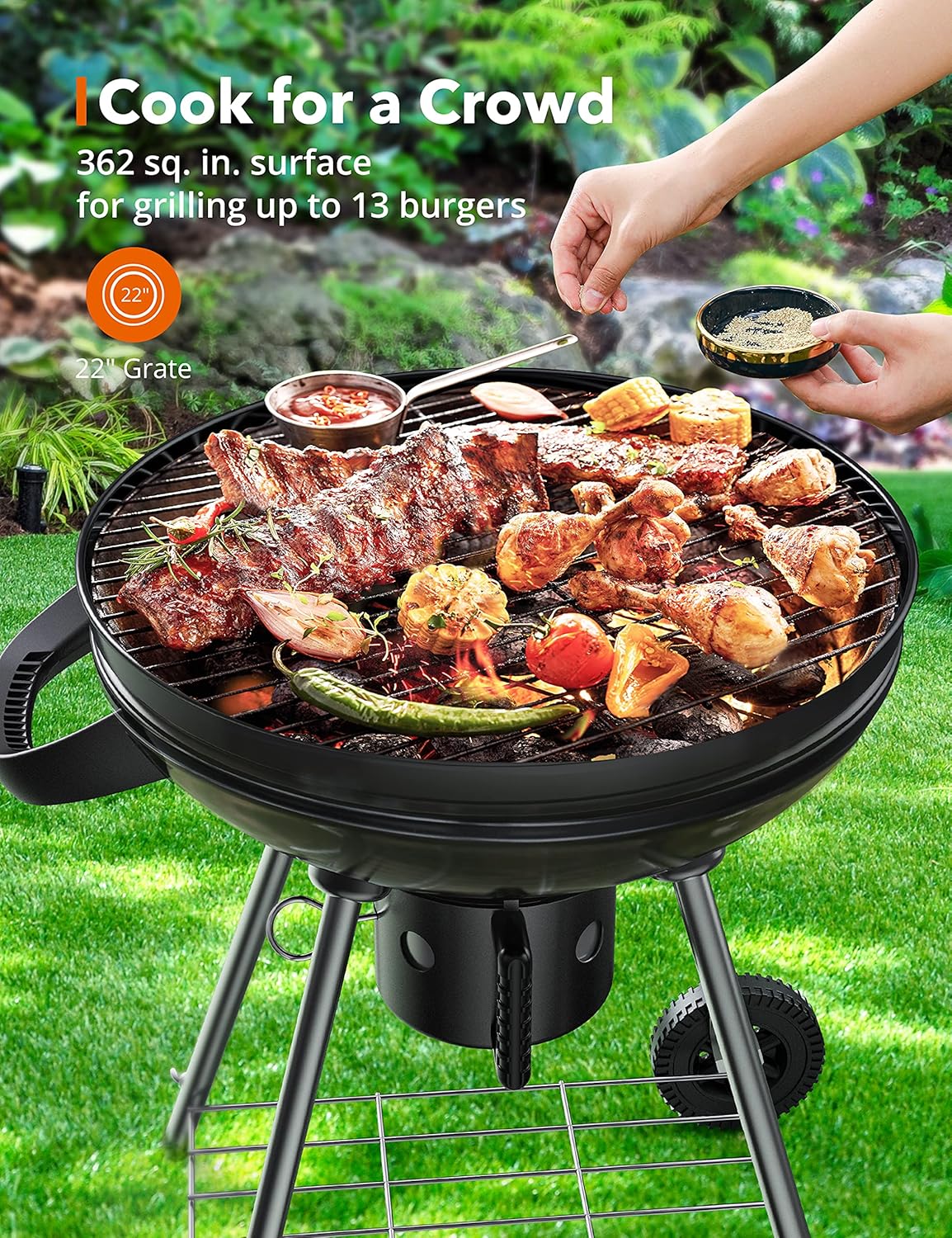 Charcoal BBQ Grill 22-Inch, Kettle Charcoal Grill with Lid Thermometer, Integrated Wheels, Plated Steel Grates, Slid Out Ash Catcher, Integrated Wheels, for Outdoor Cooking, Picnic, Patio, Backyard - Image 2
