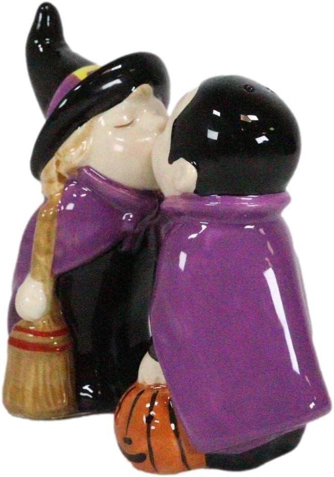 Ebros Gift Halloween Villains Vampire Dracula Kissing Witch With Broomstick Salt And Pepper Shakers Set Magnetic Ceramic Figurines With Rubber Stoppers Wicca Witchcraft Witches Themed Accents