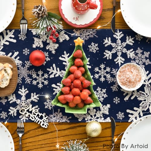 Artoid Mode Navy Blue Snowflakes Christmas Table Runner, Seasonal Winter Holiday Kitchen Dining Table Decoration for Home Party Decor 13×72 Inch - Image 18