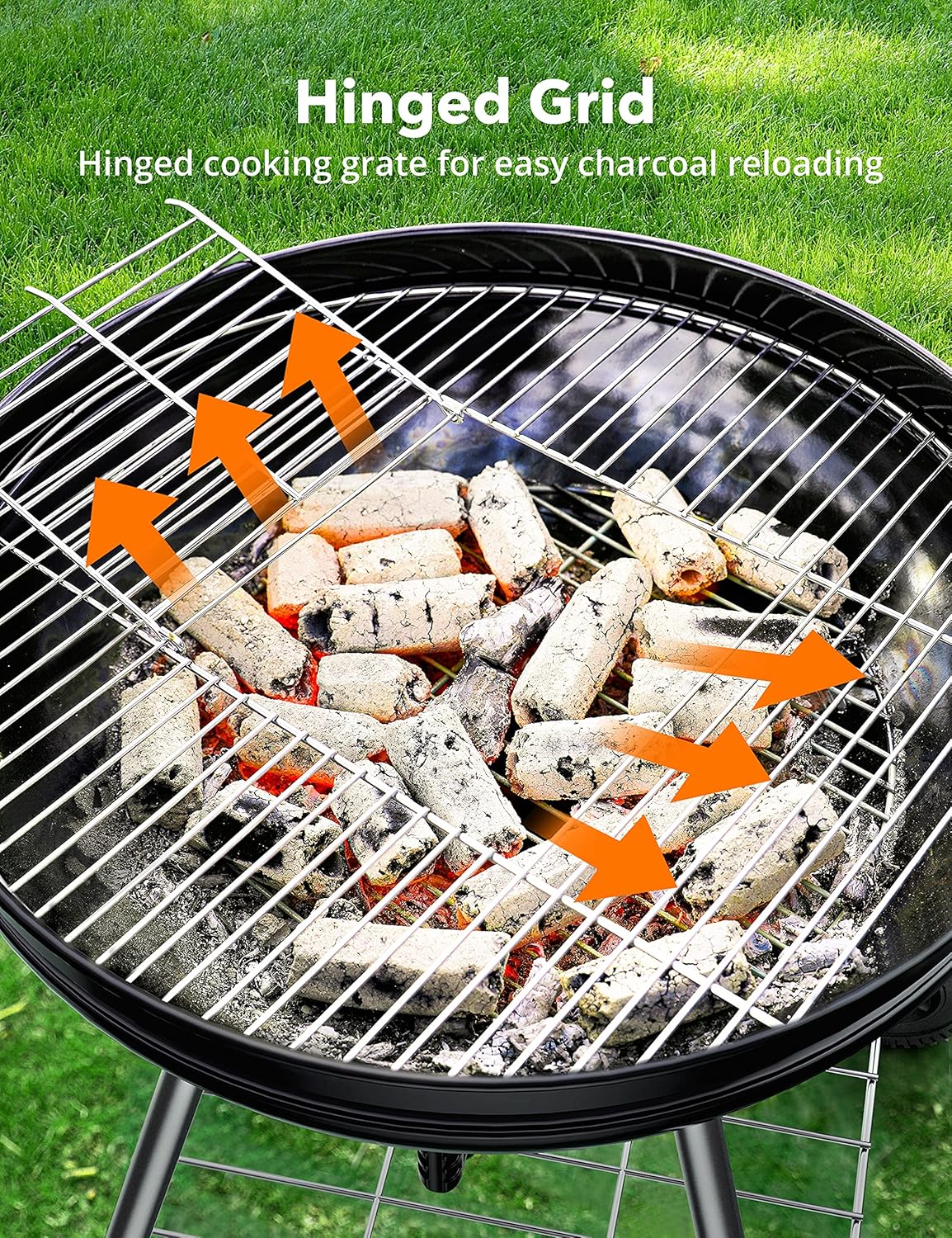 Charcoal BBQ Grill 22-Inch, Kettle Charcoal Grill with Lid Thermometer, Integrated Wheels, Plated Steel Grates, Slid Out Ash Catcher, Integrated Wheels, for Outdoor Cooking, Picnic, Patio, Backyard - Image 7