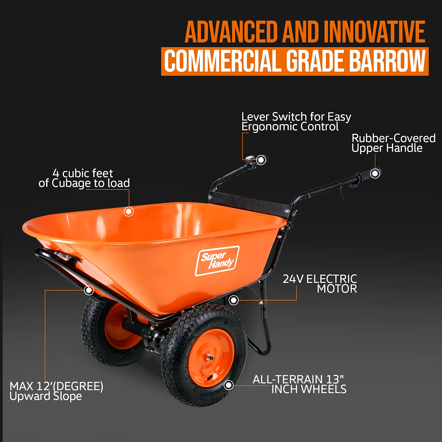 SuperHandy Wheelbarrow Utility Cart Electric 24V DC 330lbs Max Load Barrel Dump Material Debris Hauler (Amazon Exclusive) - Image 2