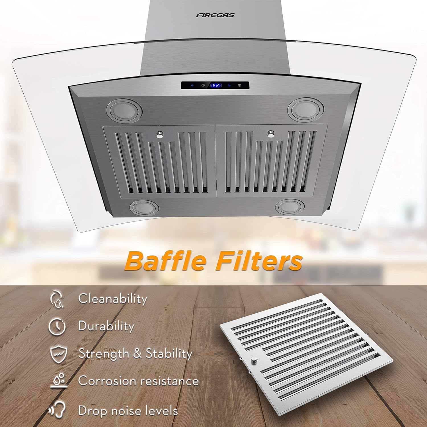 FIREGAS Island Range Hood 36 inch 450 CFM with Chimney,Tempered Glass,4 LED Lights,3 Speed Fan,Touch Control,Permanent Filter,Charcoal Filter,Stainless Steel,Island Mount,Ceiling Mount - Image 14