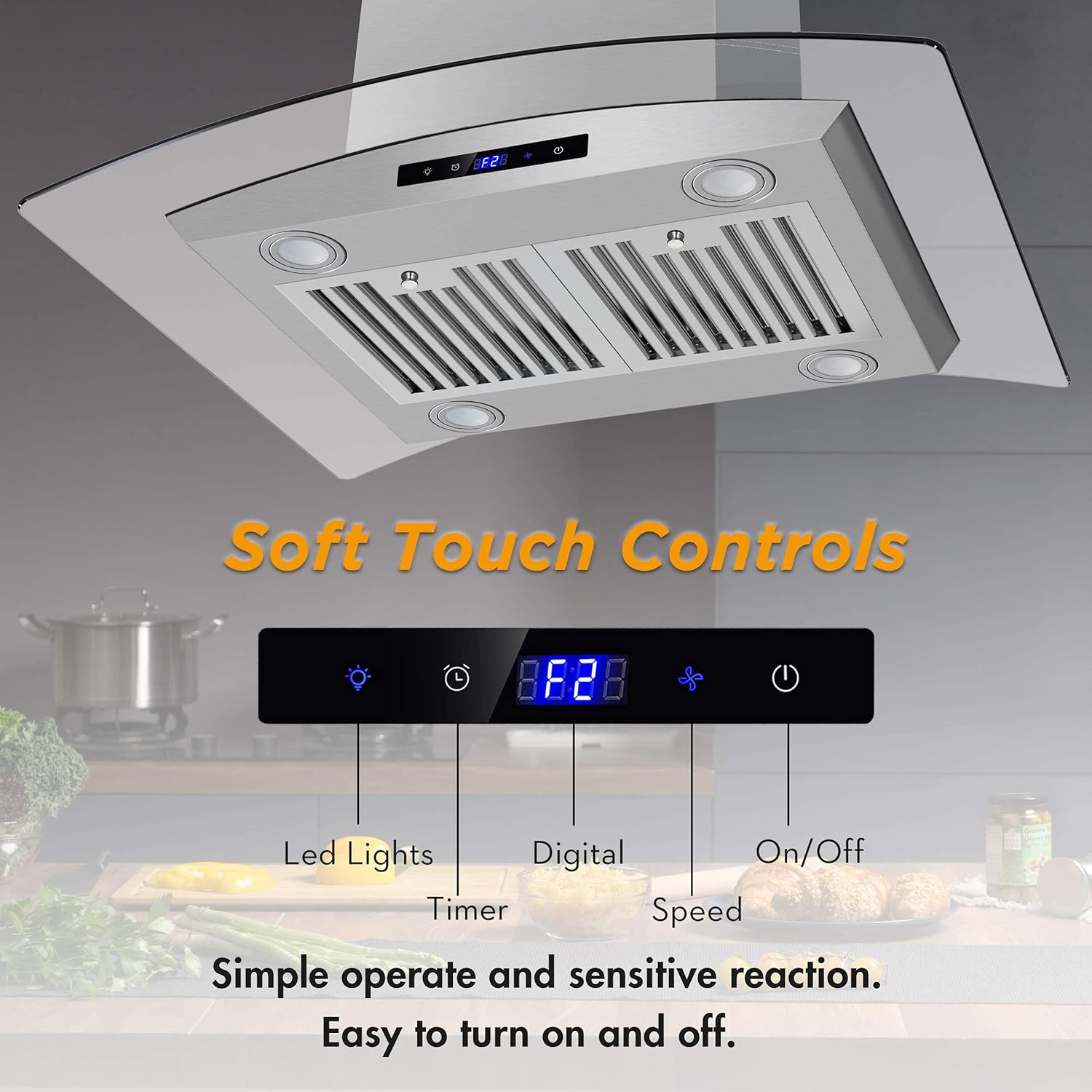 FIREGAS Island Range Hood 36 inch 450 CFM with Chimney,Tempered Glass,4 LED Lights,3 Speed Fan,Touch Control,Permanent Filter,Charcoal Filter,Stainless Steel,Island Mount,Ceiling Mount - Image 12