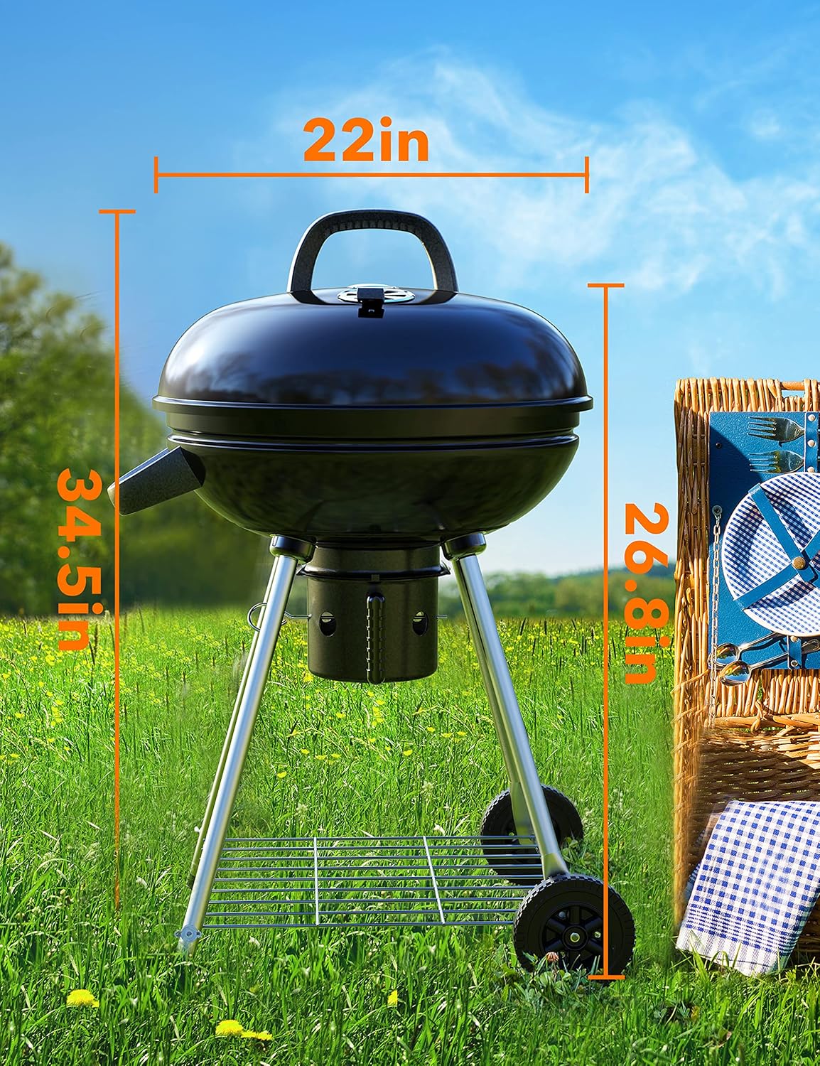 Charcoal BBQ Grill 22-Inch, Kettle Charcoal Grill with Lid Thermometer, Integrated Wheels, Plated Steel Grates, Slid Out Ash Catcher, Integrated Wheels, for Outdoor Cooking, Picnic, Patio, Backyard - Image 8