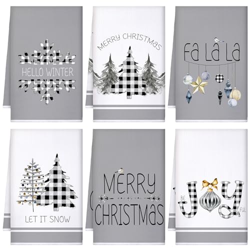 Geyoga 6 Pcs Merry Christmas Kitchen Towels Buffalo Plaid Xmas Tree Dish Towels Hand Towel Tea Towel Absorbent Soft Drying Cloth for Holiday Housewarming Gifts, 16×24 Inch(Gray White) - Image 3