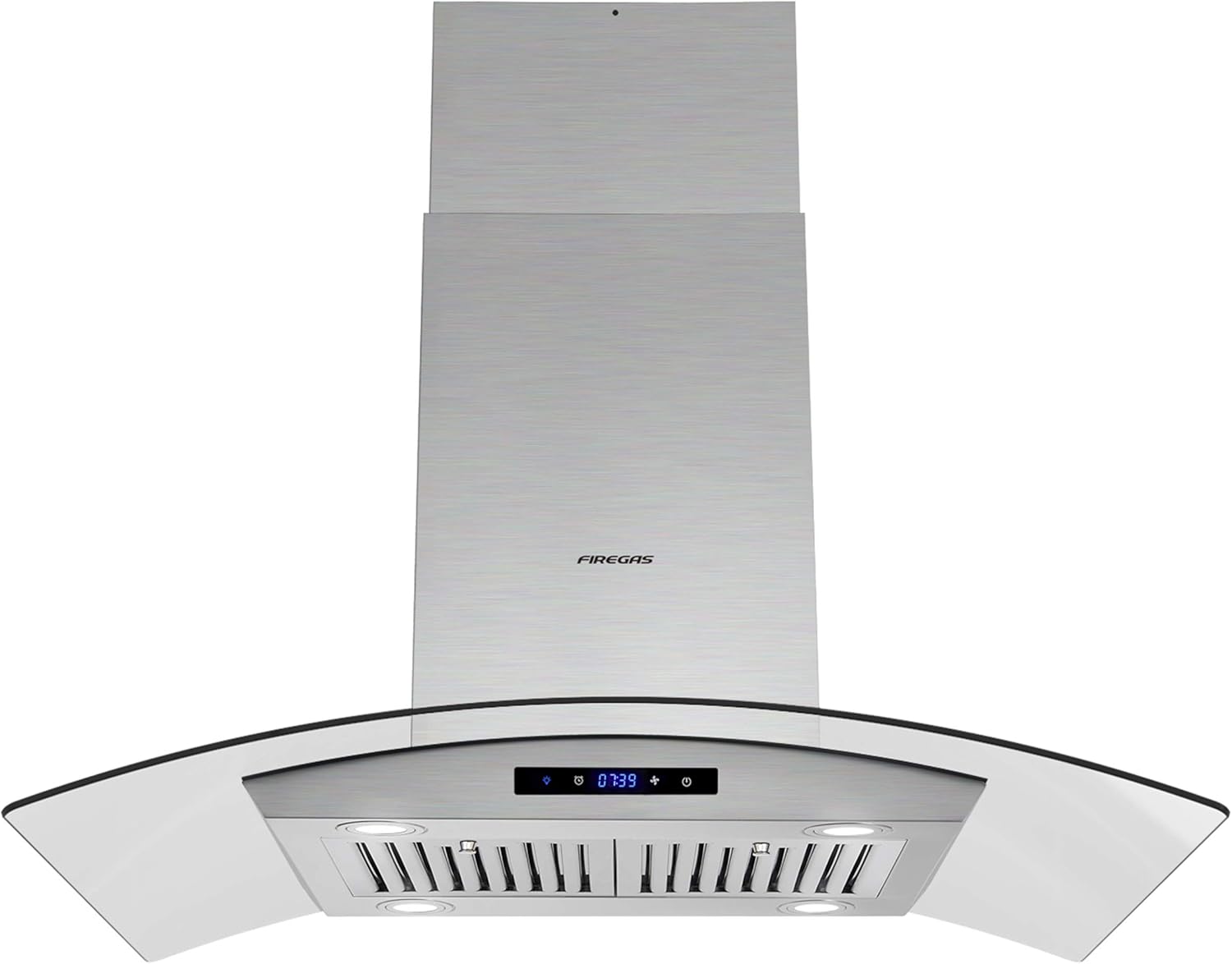 FIREGAS Island Range Hood 36 inch 450 CFM with Chimney,Tempered Glass,4 LED Lights,3 Speed Fan,Touch Control,Permanent Filter,Charcoal Filter,Stainless Steel,Island Mount,Ceiling Mount