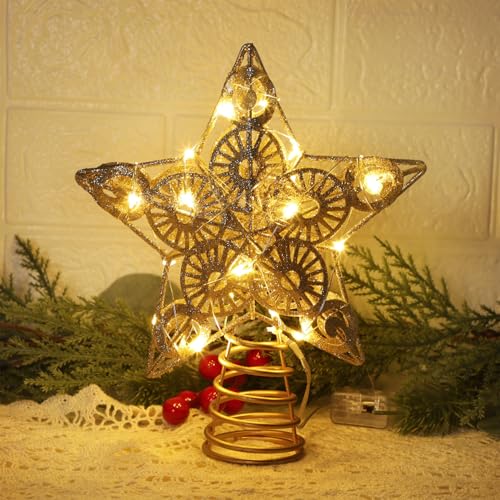Juegoal Star Tree Topper with 20 LED Lights, Metal Golden Lighted Treetop Ornaments, Battery Powered Light Up Christmas Tree Decorations, 6.5 x 6.5 Inches - Image 12