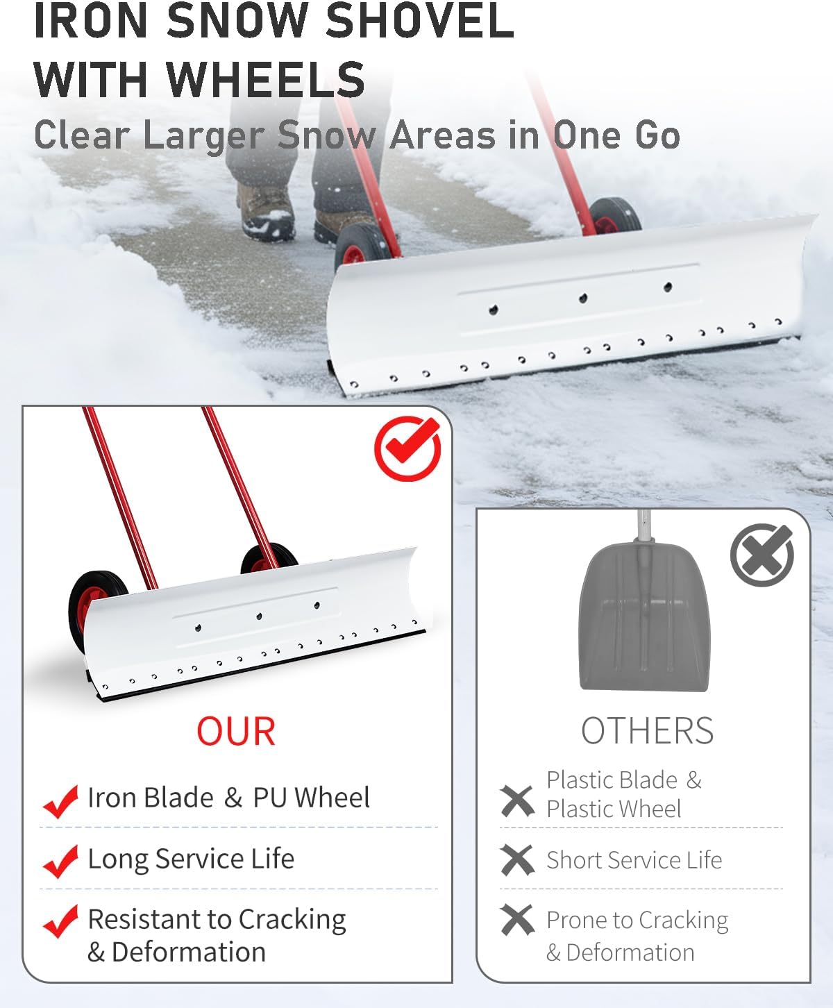 Outvita Snow Shovel with Wheels, 29 Wide 18 Long Snow Plow Shovel Angle & Height Adjustable Padded Handle Efficient Snow Clean Tool for Driveway or Pavement (Yellow) - Image 43
