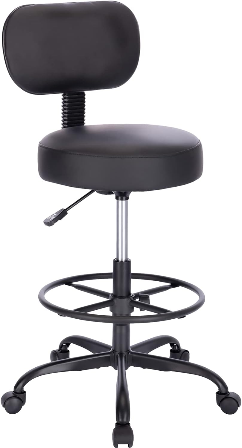 SUPERJARE Drafting Chair with Back, Adjustable Foot Rest Rolling Stool, Multi-Purpose Office Desk Chair, Thick Seat Cushion for Home Bar Kitchen Shop – Black