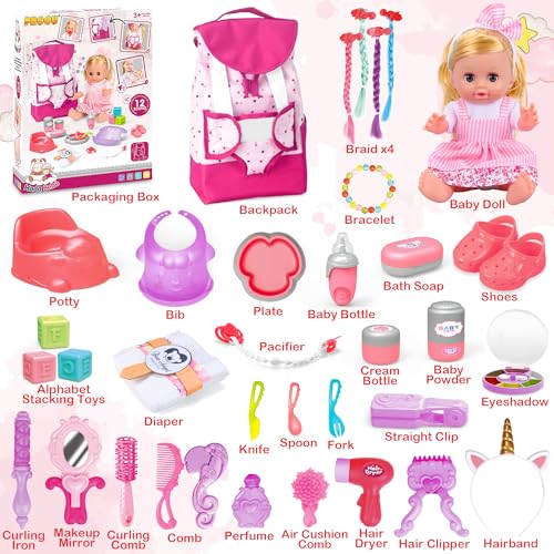 Baby Doll Toys Set, 14 Doll Toys, 25Pcs Dolls Care Toy Playset, Toddlers Toy Doll Set Incl Cradle Crib, High Chair, Milk Bottle, Pacifier, Diaper, Baby Gift for Age 3 4 5 6+ Years Old Girls Boys - Image 24