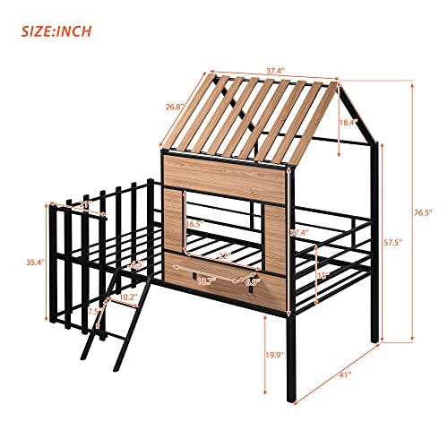 Harper & Bright Designs Kids House Beds Low Loft Bed Frame with Roof, Window, Guardrail and Ladder, Metal Twin Size Loft Bed for Kids Teens Girls Boys (Twin, White) - Image 2