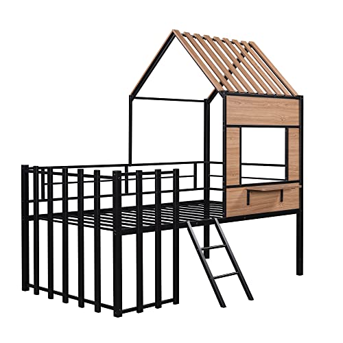 Harper & Bright Designs Kids House Beds Low Loft Bed Frame with Roof, Window, Guardrail and Ladder, Metal Twin Size Loft Bed for Kids Teens Girls Boys (Twin, White) - Image 8