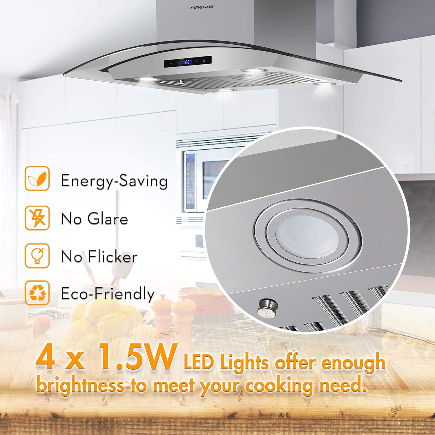 FIREGAS Island Range Hood 36 inch 450 CFM with Chimney,Tempered Glass,4 LED Lights,3 Speed Fan,Touch Control,Permanent Filter,Charcoal Filter,Stainless Steel,Island Mount,Ceiling Mount - Image 13