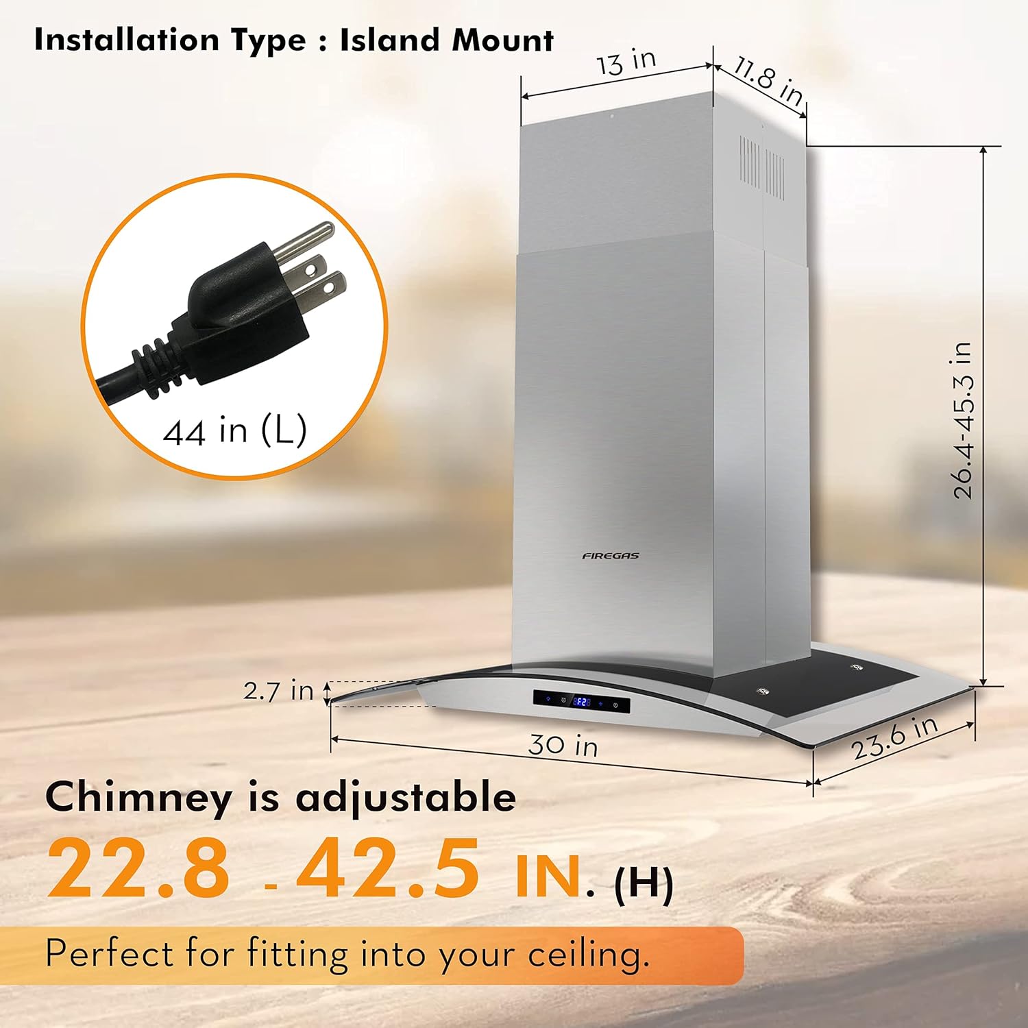 FIREGAS Island Range Hood 36 inch 450 CFM with Chimney,Tempered Glass,4 LED Lights,3 Speed Fan,Touch Control,Permanent Filter,Charcoal Filter,Stainless Steel,Island Mount,Ceiling Mount - Image 15