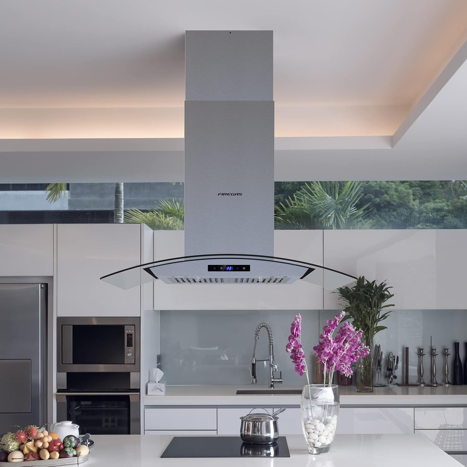 FIREGAS Island Range Hood 36 inch 450 CFM with Chimney,Tempered Glass,4 LED Lights,3 Speed Fan,Touch Control,Permanent Filter,Charcoal Filter,Stainless Steel,Island Mount,Ceiling Mount - Image 2