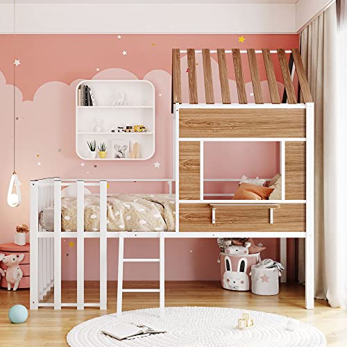 Harper & Bright Designs Kids House Beds Low Loft Bed Frame with Roof, Window, Guardrail and Ladder, Metal Twin Size Loft Bed for Kids Teens Girls Boys (Twin, White) - Image 13