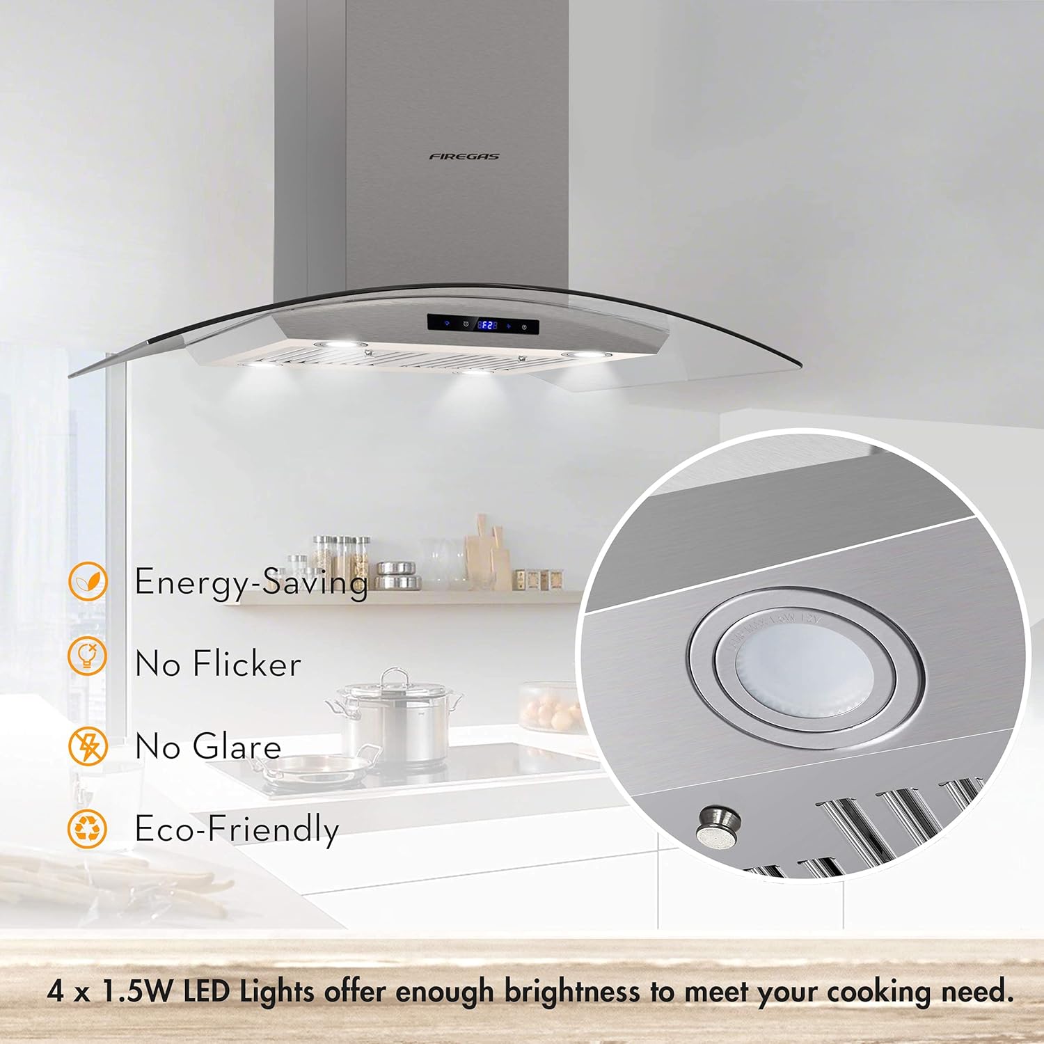 FIREGAS Island Range Hood 36 inch 450 CFM with Chimney,Tempered Glass,4 LED Lights,3 Speed Fan,Touch Control,Permanent Filter,Charcoal Filter,Stainless Steel,Island Mount,Ceiling Mount - Image 4