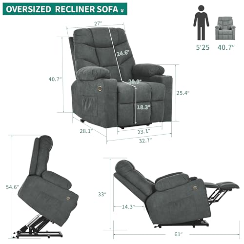 YITAHOME Power Lift Recliner Chair, Modern Fabric Recliner Chair with Massage and Heat, Spacious Seat, USB Ports, Cup Holders, Remote Control, Suitable for Living Room Dark Grey2 - Image 3