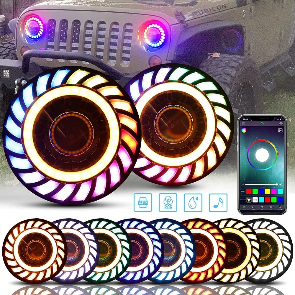 SUNPIE 7 inch Upgraded Stylish Colorful Rotating RGBW Halo Projector LED Headlights for J eep Wrangler IP67 Waterproof APP Control Custom Colors, Voice Mode for 2007-2018 JK/JKU,1997-2006 TJ/TJU - Image 2