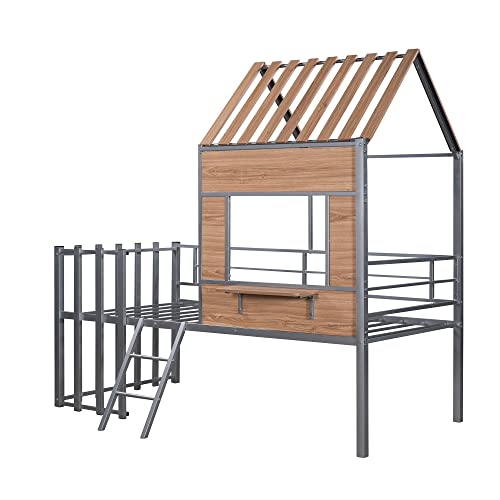 Harper & Bright Designs Kids House Beds Low Loft Bed Frame with Roof, Window, Guardrail and Ladder, Metal Twin Size Loft Bed for Kids Teens Girls Boys (Twin, White) - Image 26